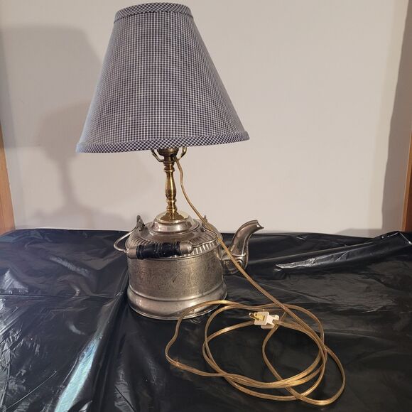 Vtg Nickel Plated Teapot Electric Lamp W/blue Checkered Shade - Picture 3 of 16